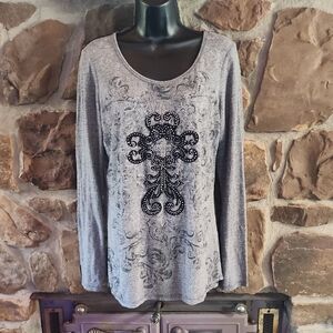 Maurices Gray Long Sleeve Top with Studded Cross Detail